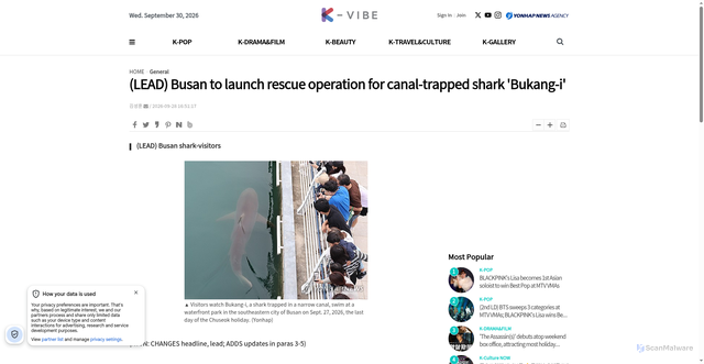 Security scan screenshot of https://korean-vibe.com/news/newsview.php?ncode=179567868324482