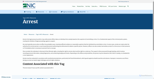 Security scan screenshot of https://nicic.gov/resources/tags/arrest