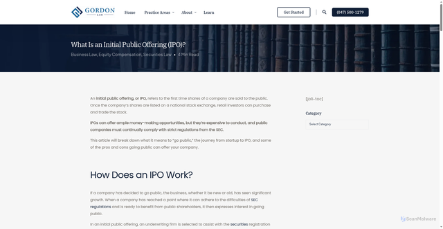 Security scan screenshot of https://gordonlaw.com/learn/ipo-initial-public-offering/