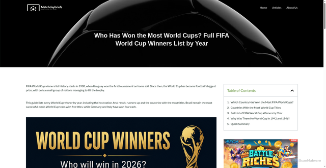 Security scan screenshot of https://www.matchdaybriefs.com/world-cup-winners-list/