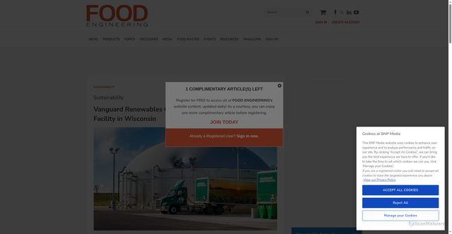 Security scan screenshot of https://www.foodengineeringmag.com/articles/103442-vanguard-renewables-opens-second-anaerobic-digestion-facility-in-wisconsin