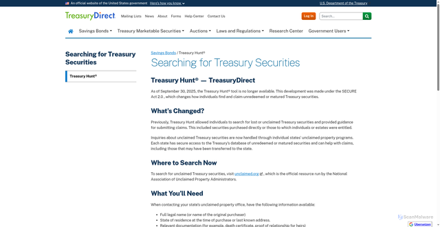 Security scan screenshot of https://www.treasurydirect.gov/savings-bonds/treasury-hunt/?utm_source=newsletter&utm_medium=allmail&utm_campaign=MUD_spring&utm_id=MUD7