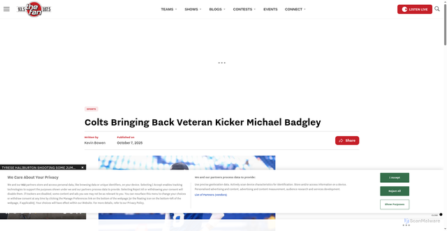 Security scan screenshot of https://1075thefan.com/618674/colts-bringing-back-veteran-kicker-michael-badgley/