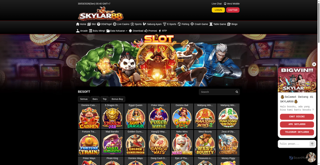 Security scan screenshot of https://skylar88apk.com/desktop/game/slot/besoft