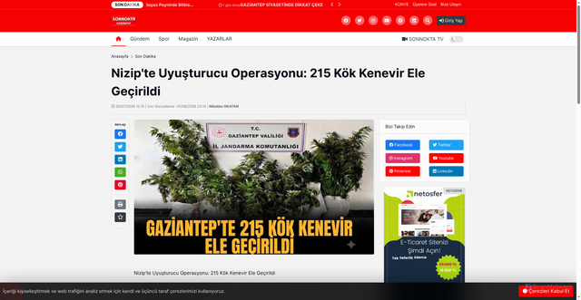 Security scan screenshot of http://gaziantepsonnokta.com/post/nizip-te-uyusturucu-operasyonu-215-koek-kenevir-ele-gecirildi