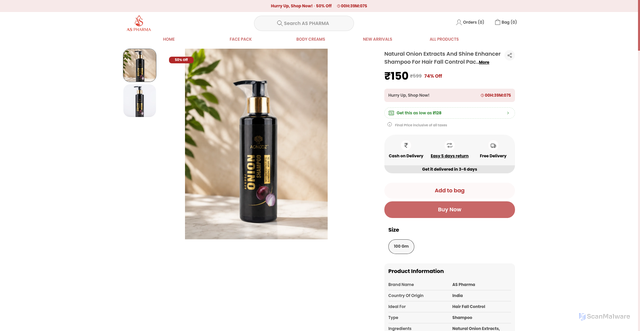 Security scan screenshot of https://aspharma.online/Natural-Onion-Extracts-And-Shine-Enhancer-Shampoo-For-Hair-Fall/catalogue/u0yTeWnY/ipuruSKf