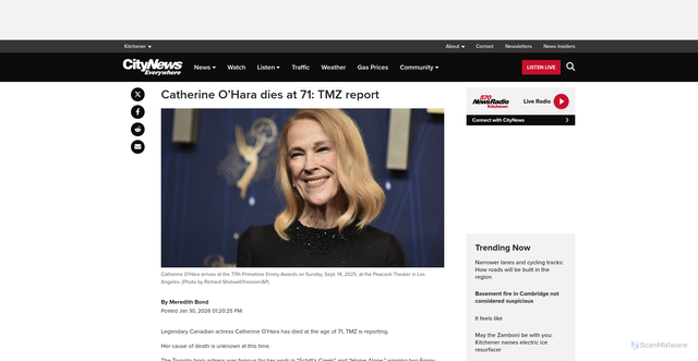 Security scan screenshot of https://kitchener.citynews.ca/2026/01/30/catherine-ohara-dies-at-71-tmz-report/