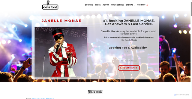 Security scan screenshot of https://delafontagency.com/music-acts/hire-janelle-monae/