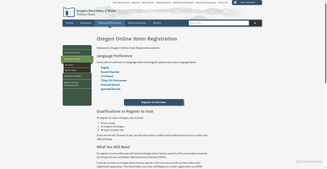 Security scan screenshot of https://sos.oregon.gov/voting/Pages/registration.aspx