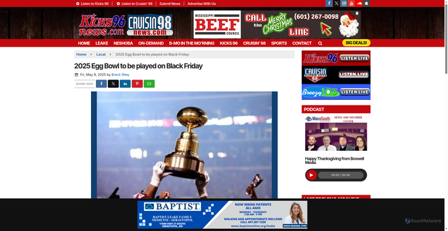 Security scan screenshot of https://www.kicks96news.com/local/2025-egg-bowl-to-be-played-on-black-friday/