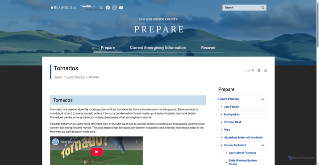 Security scan screenshot of https://www.prepareslo.org/en/tornados.aspx