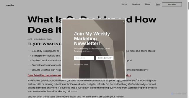 Security scan screenshot of https://www.schulzecreativellc.com/blog/what-is-godaddy-and-how-does-it-work