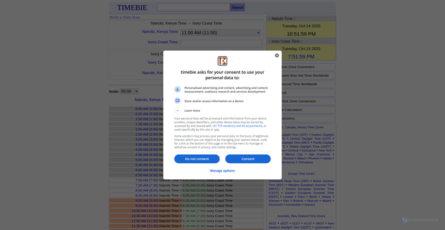 Security scan screenshot of https://www.timebie.com/tz/timediff.php?q1=Ivory+Coast+Time&q2=Nairobi+Time