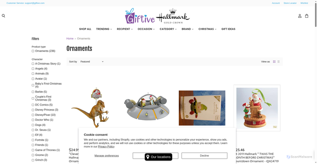 Security scan screenshot of https://giftive.com/collections/ornaments