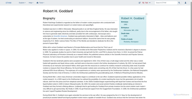 Security scan screenshot of https://ethw.org/Robert_H._Goddard
