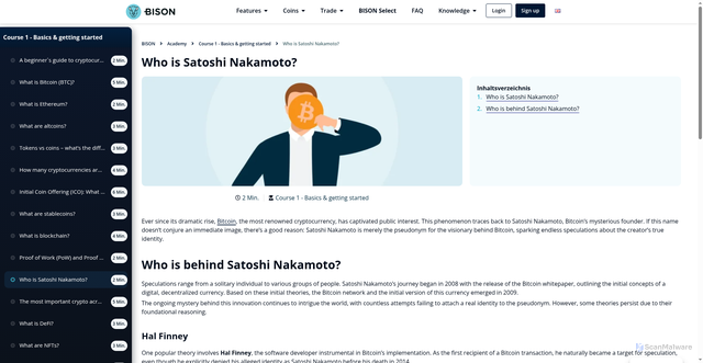 Security scan screenshot of https://bisonapp.com/en/academy/satoshi-nakamoto/