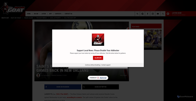 Security scan screenshot of https://1033thegoat.com/new-orleans-saints-brandin-cooks-released/