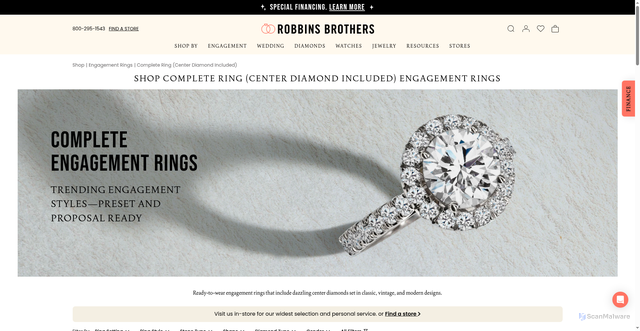 Security scan screenshot of https://www.robbinsbrothers.com/shop/engagement-rings/ringswithacenterstoneincluded?srsltid=AfmBOoqBMzU4i8LUc-iTMsqxaraljDncl-BwYDB_QwjjZveyKPTECYJk