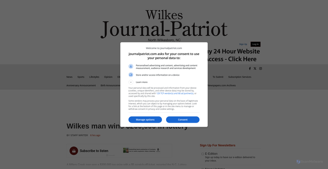 Security scan screenshot of https://www.journalpatriot.com/news/wilkes-man-wins-200-000-in-lottery/article_3318486b-6a5a-5d0b-b8d0-ca0272fe9664.html
