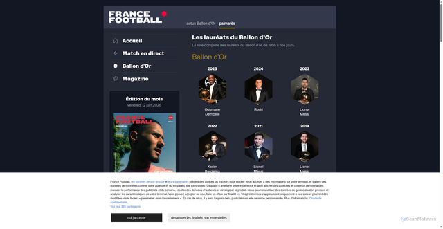 Security scan screenshot of https://www.francefootball.fr/ballon-d-or/palmares/