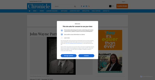 Security scan screenshot of http://www.lexingtonchronicle.com/stories/john-wayne-parrish-jr,161724