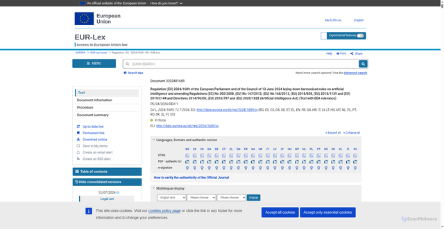 Security scan screenshot of https://eur-lex.europa.eu/eli/reg/2024/1689/oj