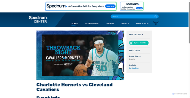 Security scan screenshot of https://www.spectrumcentercharlotte.com/events/detail/charlotte-hornets-vs-cleveland-cavaliers-1