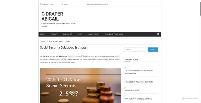 Security scan screenshot of https://cdraperabigail.pages.dev/rynbj-social-security-cola-2025-estimate-imbhd/
