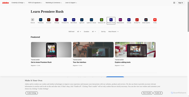 Security scan screenshot of https://www.adobe.com/learn/premiere-rush