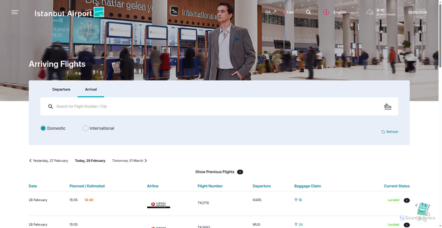 Security scan screenshot of https://www.istairport.com/en/flights/flight-info/arriving-flights?locale=en