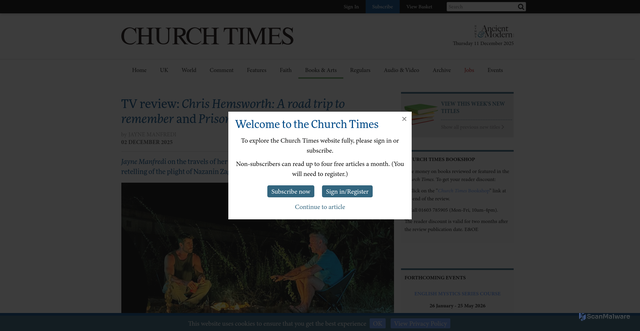 Security scan screenshot of https://www.churchtimes.co.uk/articles/2025/5-december/books-arts/tv/tv-review-chris-hemsworth-a-road-trip-to-remember-and-prisoner-951