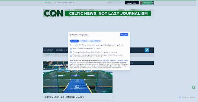 Security scan screenshot of https://www.celticquicknews.co.uk/celtic-v-lask-in-champions-league-2/