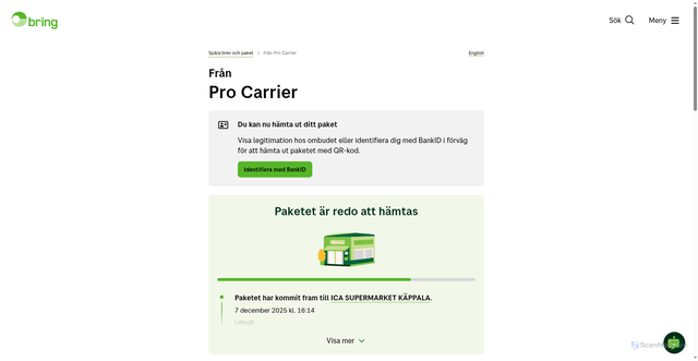 Security scan screenshot of https://tracking.bring.se/tracking/370722152226734715