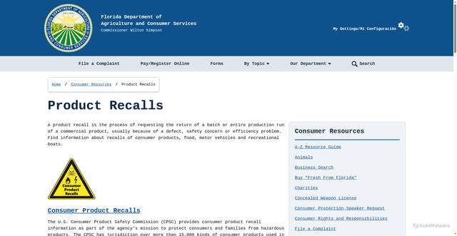 Security scan screenshot of https://www.fdacs.gov/Consumer-Resources/Product-Recalls