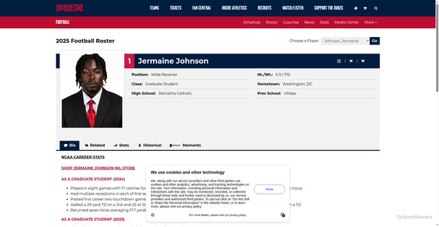 Security scan screenshot of https://goduquesne.com/sports/football/roster/jermaine-johnson/13051