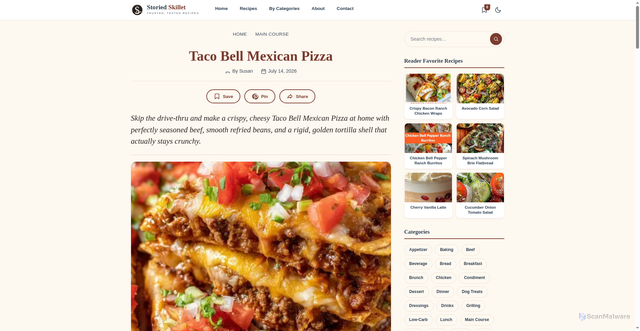 Security scan screenshot of https://www.storiedskillet.com/2026/07/taco-bell-mexican-pizza-54297.html