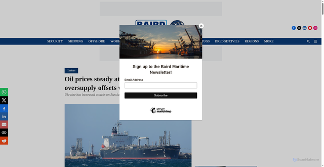 Security scan screenshot of https://www.bairdmaritime.com/shipping/tankers/oil-prices-steady-at-start-of-2026-as-oversupply-offsets-war-risks