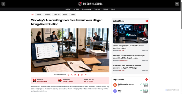 Security scan screenshot of https://thecoinheadlines.com/tech-and-ai/workdays-ai-recruiting-tools-face-lawsuit-over-alleged-hiring-discrimination/article-23223/