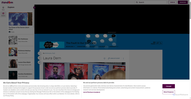 Security scan screenshot of https://thefaultinourstars.fandom.com/wiki/Laura_Dern