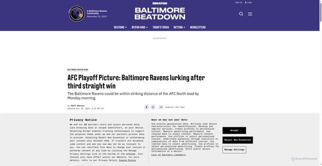 Security scan screenshot of https://www.baltimorebeatdown.com/baltimore-ravens-news/77446/afc-playoff-picture-baltimore-ravens-lurking-after-third-straight-win