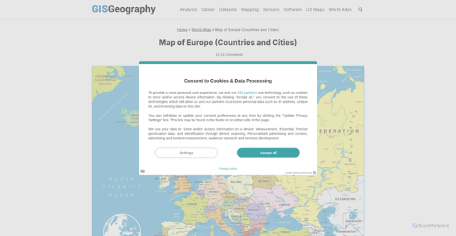 Security scan screenshot of https://gisgeography.com/europe-map/