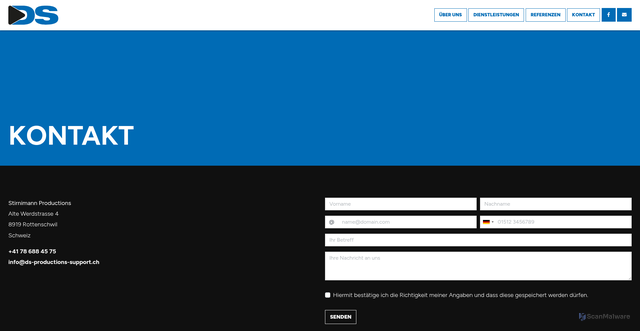 Security scan screenshot of https://v1.ds-productions-support.ch/Kontakt
