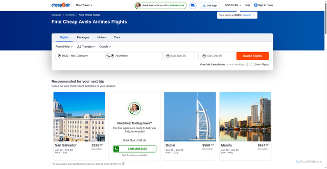 Security scan screenshot of https://www.cheapoair.com/airlines/avelo-airlines-flights-xp