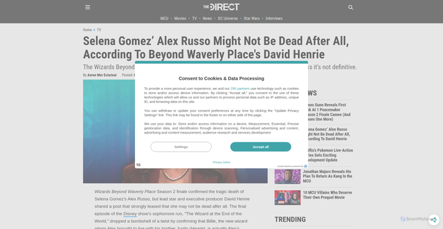 Security scan screenshot of https://thedirect.com/article/selena-gomez-alex-russo-not-dead-david-henrie