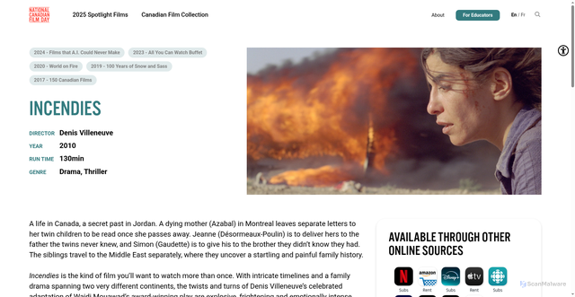 Security scan screenshot of https://canfilmday.ca/film/incendies/