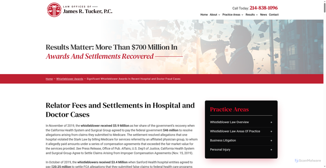 Security scan screenshot of https://www.rustytuckerlaw.com/whistleblower-awards/significant-whistleblower-awards-in-recent-hospital-and-doctor-fraud-cases/