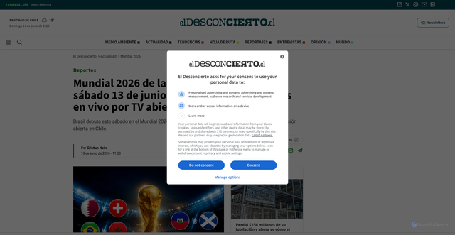 Security scan screenshot of https://eldesconcierto.cl/actualidad/mundial-2026-la-fifa-quien-juega-hoy-sabado-13-junio-y-que-partidos-van-gratis-vivo-tv-abierta-n5459563