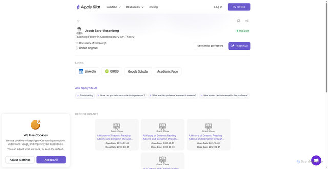 Security scan screenshot of https://www.applykite.com/professors/jacob-bard-rosenberg-1b09f0ed-2f8b-4e4b-afa7-1d52b97231b5