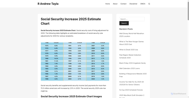 Security scan screenshot of https://randrewtayla.pages.dev/ipoqs-social-security-increase-2025-estimate-chart-fabvv/