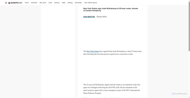Security scan screenshot of https://giantswire.usatoday.com/story/sports/nfl/giants/2025/10/09/new-york-giants-sign-jude-mcatamney-53-man-roster-elevate-liljordan-humphrey/86596853007/